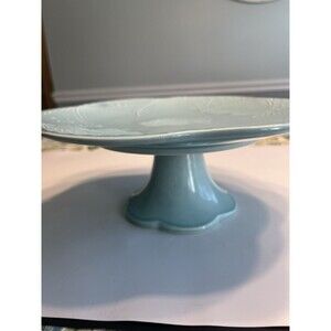 Maioliche Jessica Italy Ceramic Cake Stand Blue Scalloped Pedestal 10.75”